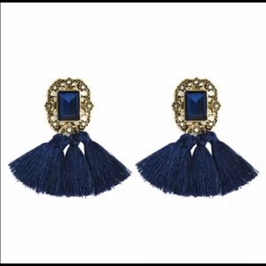Vintage Style Rhinestone Navy Blue Tassel Earrings